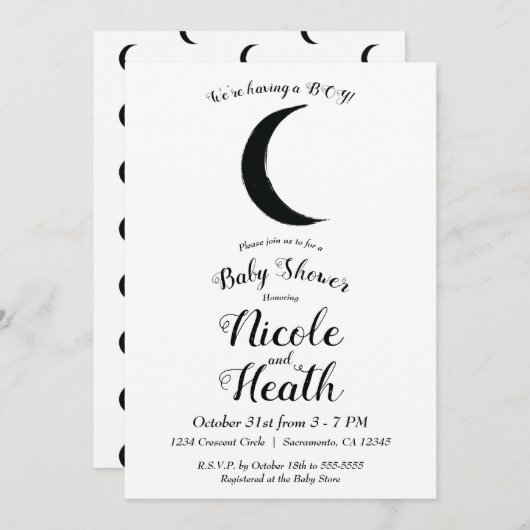 ブラッククレセントムーンアストロロジー〔占星術の〕十二宮図ベビーシャワー 招待状 (正面/裏面)