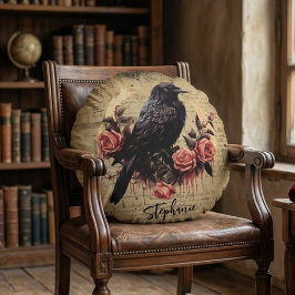 ブラッククロウ ヴィンテージ ローズ、ダークゴス ラヴェン フローラル ラウンドクッション