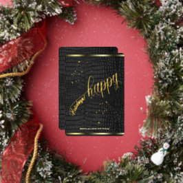 ブラッククロコダイルレザープリント ハッピーホリデーカード 箔シーズンカード