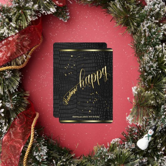 ブラッククロコダイルレザープリント ハッピーホリデーカード 箔シーズンカード (インサイチュ)