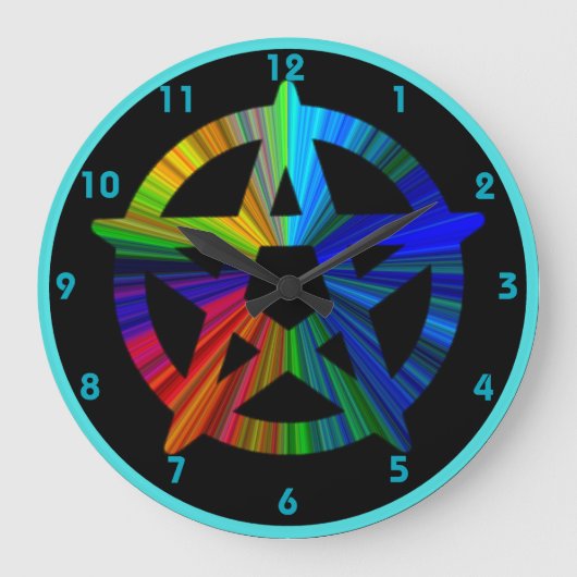 ブラッククロック上のwicca pentagramメタリックルックオンブラッククロック ラージ壁時計 (正面)