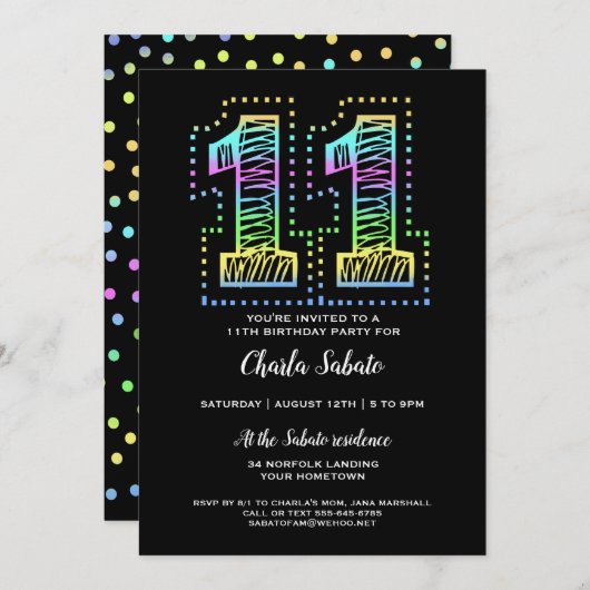 ブラッククールおもしろい11th誕生日パーティーへの招待 招待状 (正面/裏面)