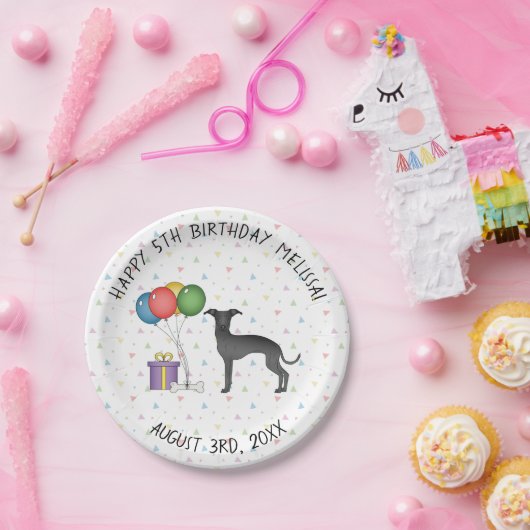 ブラックグイタリアンレイハウンドかわいい漫画の犬の誕生日 ペーパープレート (パーティー)