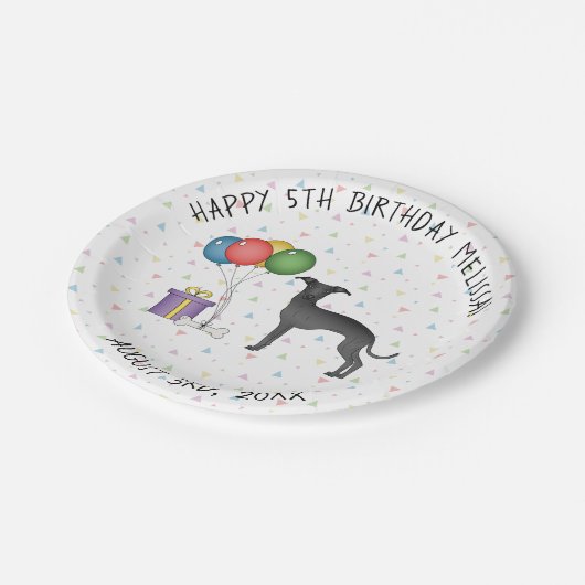 ブラックグイタリアンレイハウンドかわいい漫画の犬の誕生日 ペーパープレート (アングル)