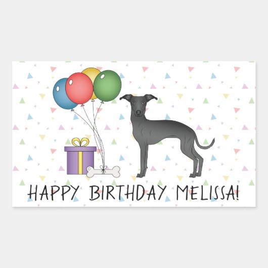 ブラックグイタリアンレイハウンドかわいい犬 – ハッピーバースデー 長方形シール (正面)