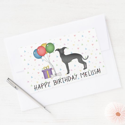 ブラックグイタリアンレイハウンドかわいい犬 – ハッピーバースデー 長方形シール (封筒)