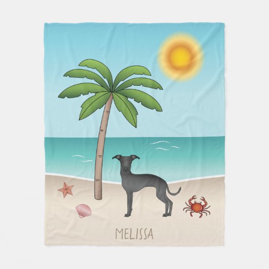 ブラックグイタリアンレイハウンドアットトロピカルサマービーチ フリースブランケット (正面)