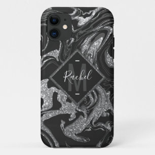 ブラックグモダンレーシルバーグリッター大理石 iPhone 11 ケース