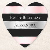 ブラックグラムシルバー赤面ピンクリボン誕生日 ペーパーコースター (正面)