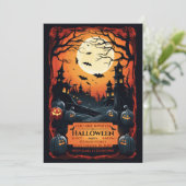 ブラックグランジ図解入りの、写真付きのハローウィンパーティ 招待状 (スタンド正面)