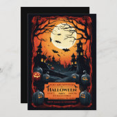 ブラックグランジ図解入りの、写真付きのハローウィンパーティ 招待状 (正面/裏面)