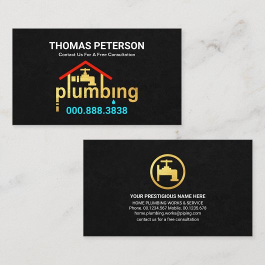 ブラックグランジ金ゴールドホーム配管 名刺 (正面/裏面)