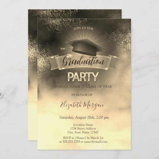 ブラックグラードキャップウォーターカラー金ゴールド卒業パーティー 招待状 (正面/裏面)