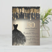 ブラックグリッターが滴るブラックドレス ゴールド 80歳の誕生日 招待状 (スタンド正面)