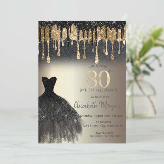 ブラックグリッターが滴るブラックドレス ゴールド 80歳の誕生日 招待状 (スタンド正面)