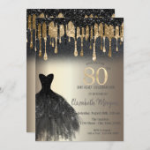 ブラックグリッターが滴るブラックドレス ゴールド 80歳の誕生日 招待状 (正面/裏面)