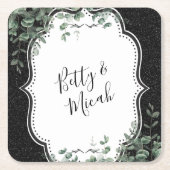 ブラックグリッターとフローラユーカリプトゥスブーケ スクエアペーパーコースター (正面)