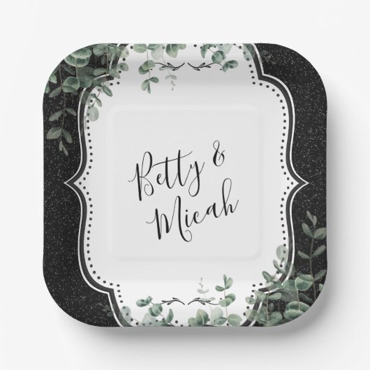 ブラックグリッターとフローラユーカリプトゥスブーケ ペーパープレート (正面)