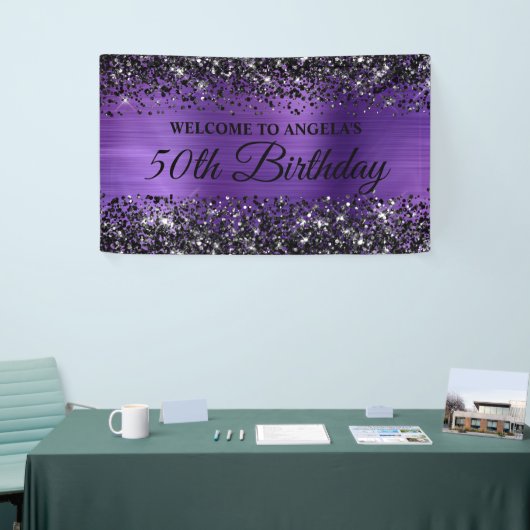 ブラックグリッターアメジストフォイル50th誕生日へようこそ 横断幕 (トレードショー)