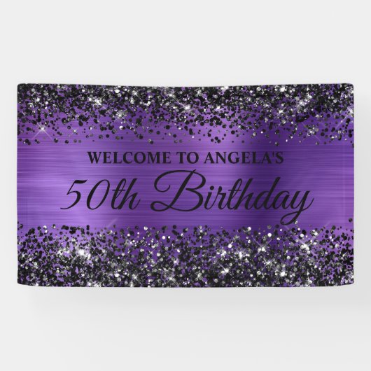 ブラックグリッターアメジストフォイル50th誕生日へようこそ 横断幕 (横)