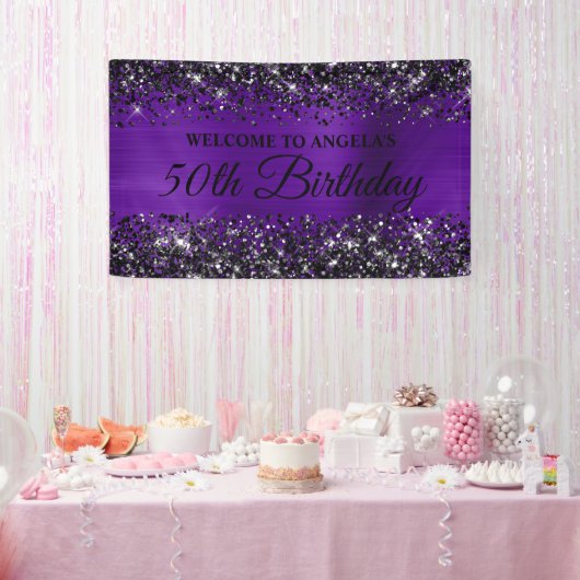 ブラックグリッターインディゴパープル50誕生日へようこそ 横断幕 (パーティー)
