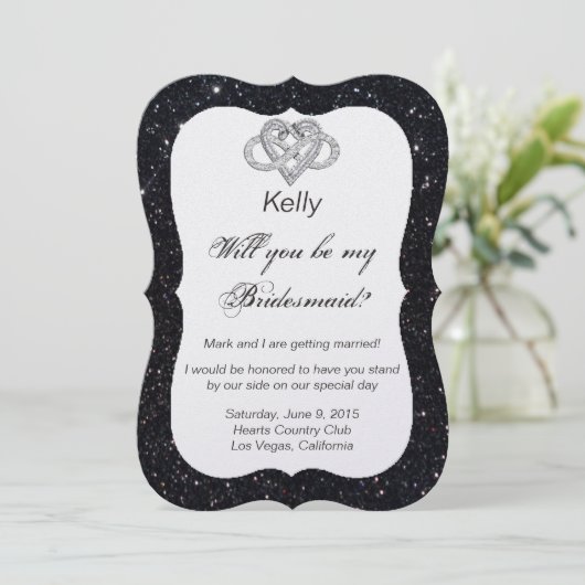 ブラックグリッターインフィニティハートブライズメイドカード 招待状 (スタンド正面)