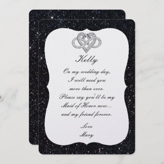 ブラックグリッターインフィニティハートメイド・オブ・オーナー（花嫁付き添い人）カード 招待状 (正面/裏面)