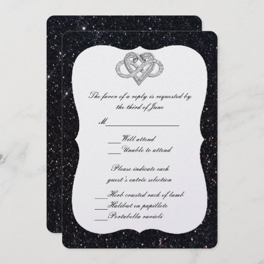 ブラックグリッターインフィニティハート応答カード 招待状 (正面/裏面)