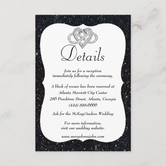 ブラックグリッターインフィニティ結婚ハートの詳細 エンクロージャーカード (正面)