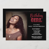 ブラックグリッターエレガント誕生日ガールスウィート16写真 招待状 (正面/裏面)