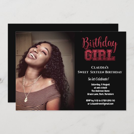 ブラックグリッターエレガント誕生日ガールスウィート16写真 招待状 (正面/裏面)