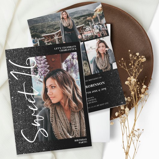 ブラックグリッターグラデーションスクリプト4枚の写真Sweet 16 招待状