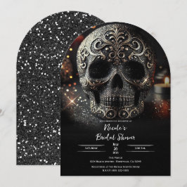 ブラックグリッターグラムスパークルスカルゴシックブライダル 招待状