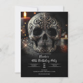 ブラックグリッターグラムスパークルスカルゴシック誕生日 招待状 (正面)