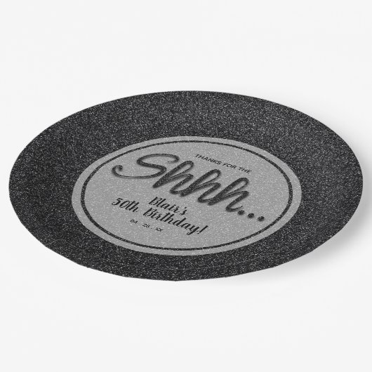 ブラックグリッターサプライズバースデーパーティー ペーパープレート (アングル)