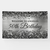 ブラックグリッターシルバーフォイル50th誕生日へようこそ 横断幕 (横)