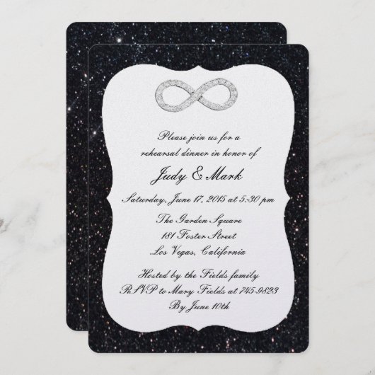 ブラックグリッターダイヤモンドインフィニティリハーサルディナー 招待状 (正面/裏面)