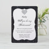 ブラックグリッターダイヤモンドハートブライデスメイドカード 招待状 (スタンド正面)