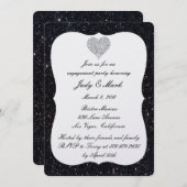 ブラックグリッターダイヤモンドハート婚約パーティ 招待状 (正面/裏面)