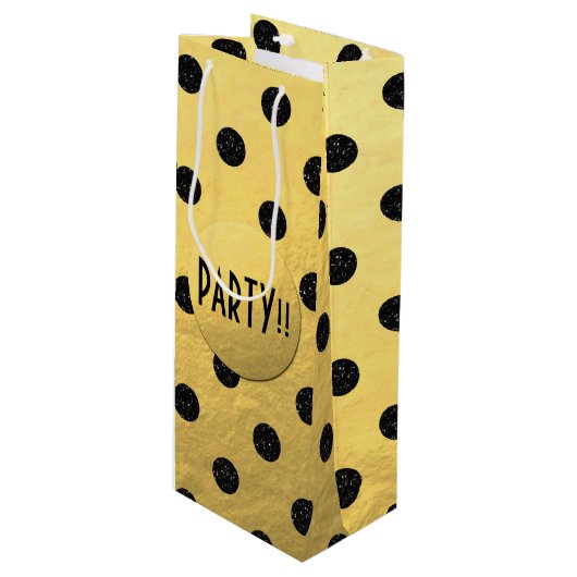 ブラックグリッタードット新年ワイン抱き枕、光沢 ワインギフトバッグ (正面アングル)