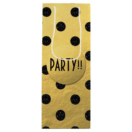 ブラックグリッタードット新年ワイン抱き枕、光沢 ワインギフトバッグ (正面)