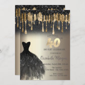 ブラックグリッタードリップスブラックドレス金ゴールド40th Birthday 招待状 (正面/裏面)