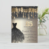 ブラックグリッタードリップスブラックドレス金ゴールド85th誕生日 招待状 (スタンド正面)