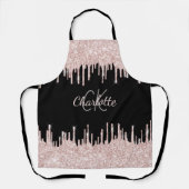 ブラックグリッタードリップバラ金ゴールドガーリーモノグラム名 エプロン (正面)