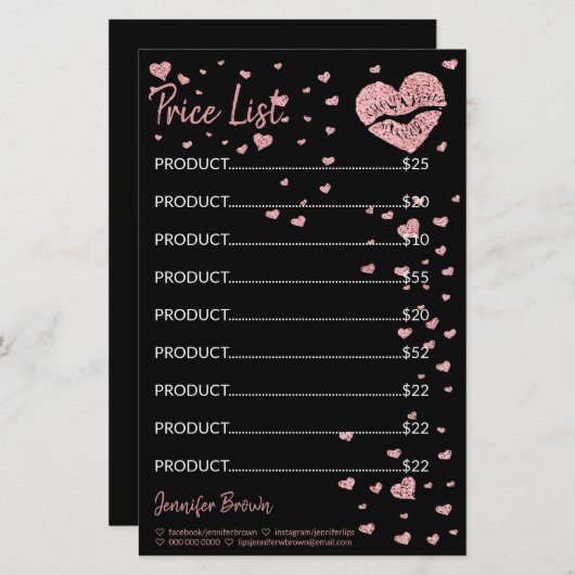 ブラックグリッターハートリップリップメイクアップ価格表 便箋 (正面/裏面)