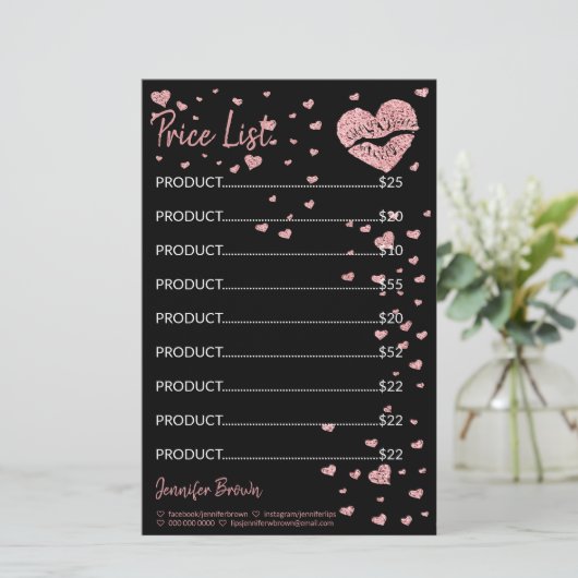 ブラックグリッターハートリップリップメイクアップ価格表 便箋 (スタンド正面)