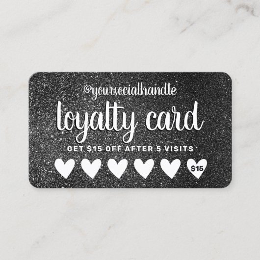 ブラックグリッターハート顧客割引ソーシャル ロイヤリティカード (正面)