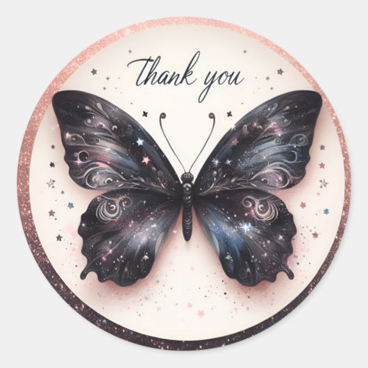 ブラックグリッターバタフライ – ありがとう – ラウンドシール (正面)