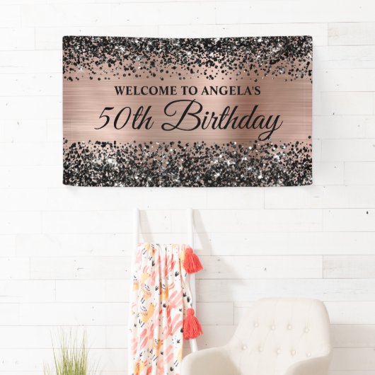 ブラックグリッターバラゴールドフォイル50th誕生日へようこそ 横断幕 (インサイチュ)