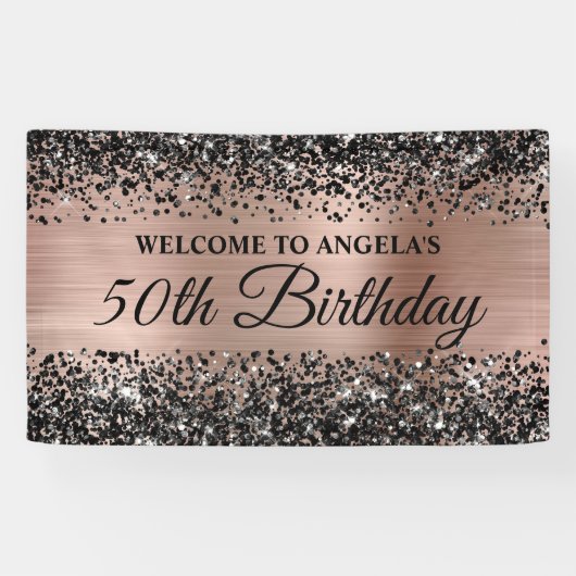 ブラックグリッターバラゴールドフォイル50th誕生日へようこそ 横断幕 (横)